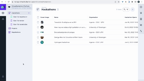 The Virtual Hackathon Platform. Participant's resgistration & new project