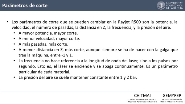 CORTE L�SER EN LA RAYJET R500. PAR�METROS DE CORTE.