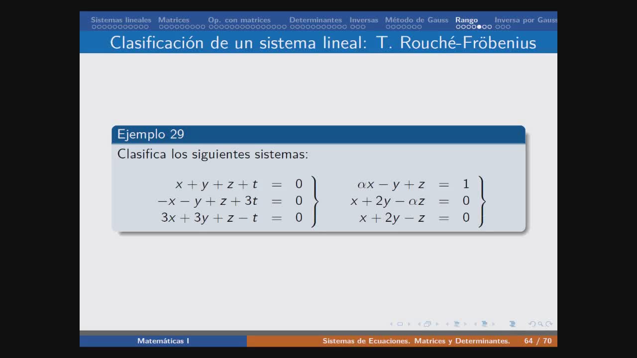 Ejercicio de clasificaci�n de un sistema lineal con par�metro por rangos