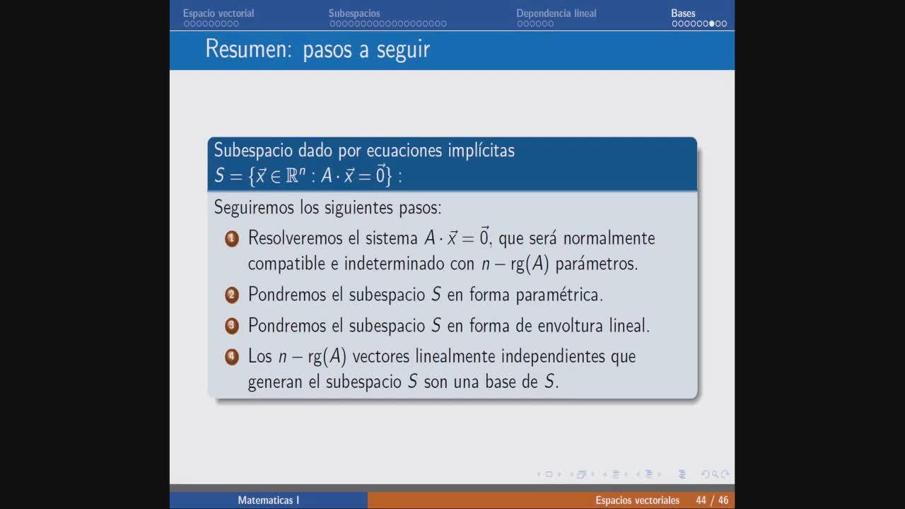 Resumen de pasos a seguir con los subespacios