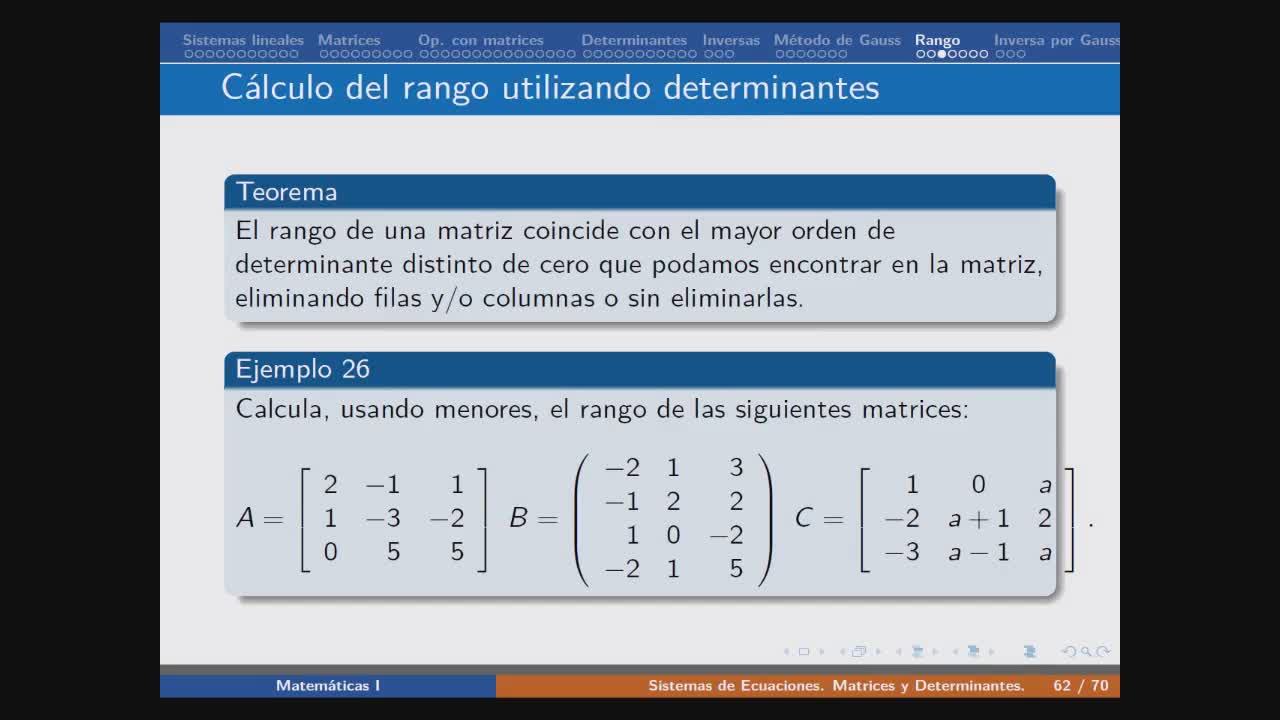 Ejercicio de calcular el rango por determinanates